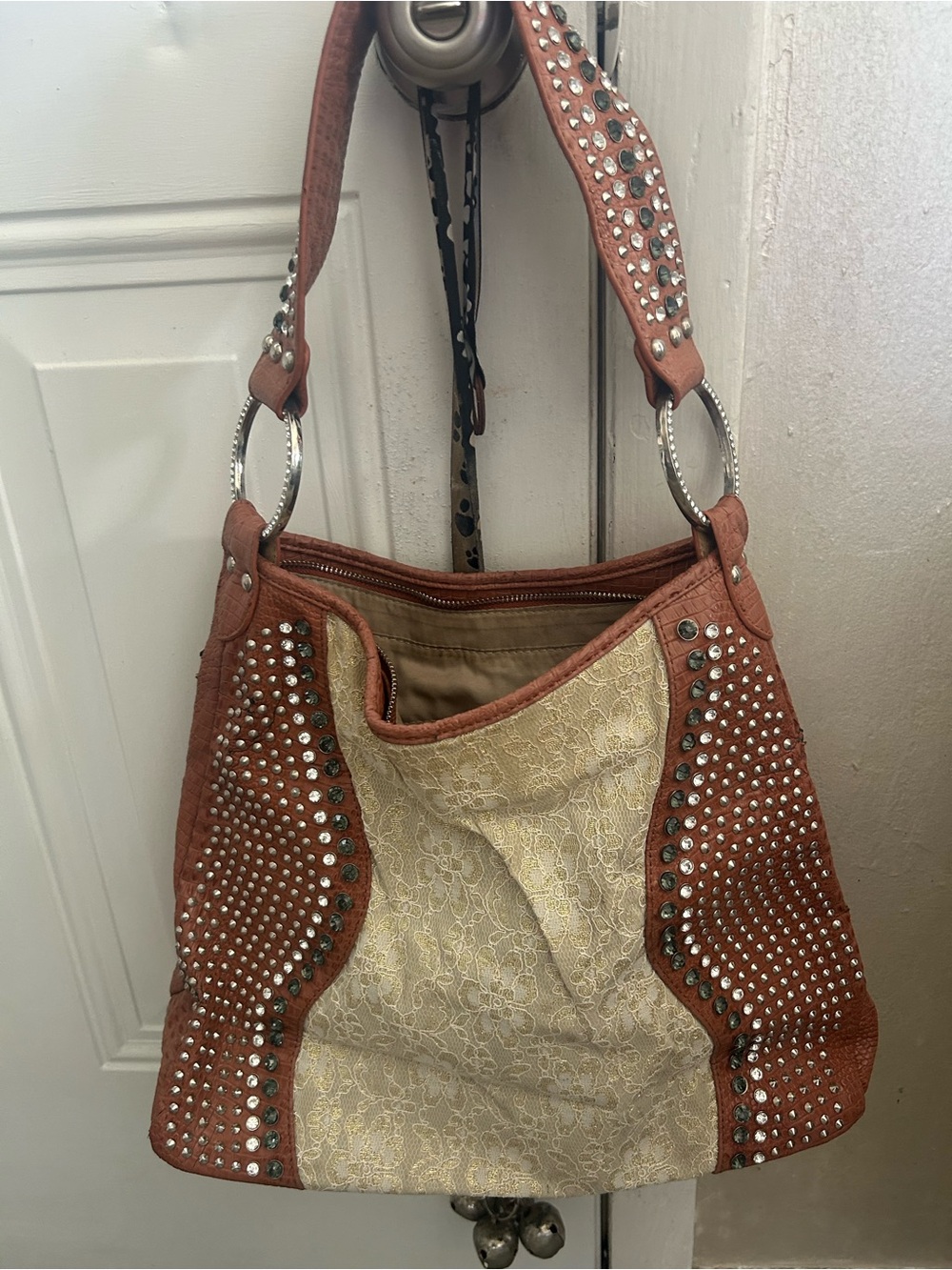 Midnight Velvet Tan Shoulder Bag with Cream Lace & Studs